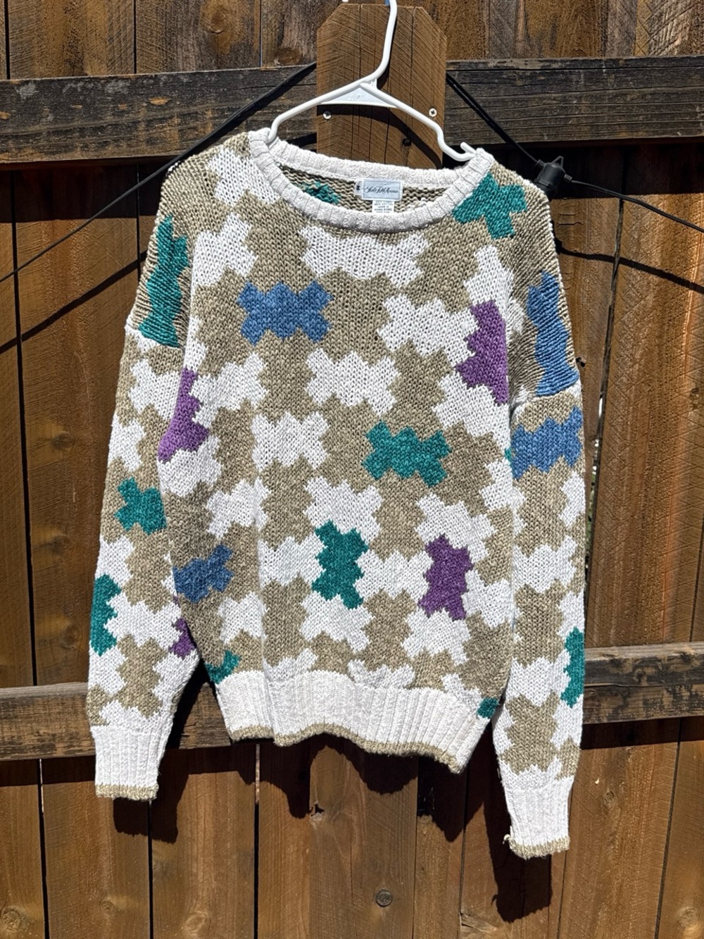 Vintage Saks Fifth Avenue 90s Crewneck Sweater with Teal Blue and Purple Accents
